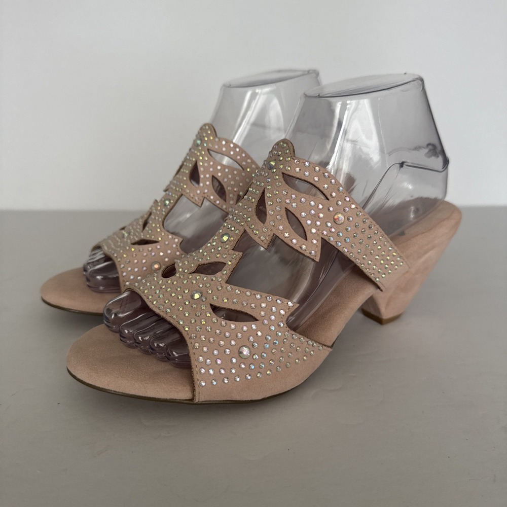 Joan Boyce Heels‎ Women 8 W  Blush Pink Rhinestone Velour Slide Fairy Balletcore